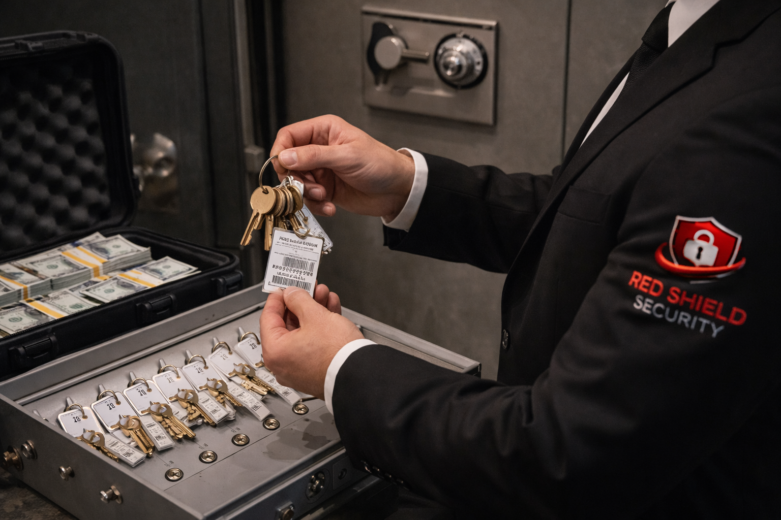 Security officer managing a secure key storage cabinet and electronic access control system