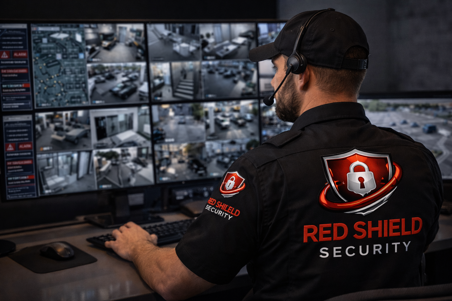 CCTV camera monitoring station with multiple screens displaying live surveillance feeds of a secure facility