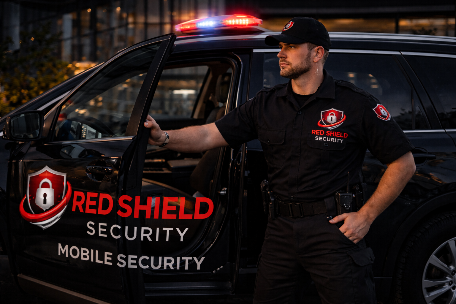 Marked security patrol vehicle parked outside a commercial property at night with amber roof lights