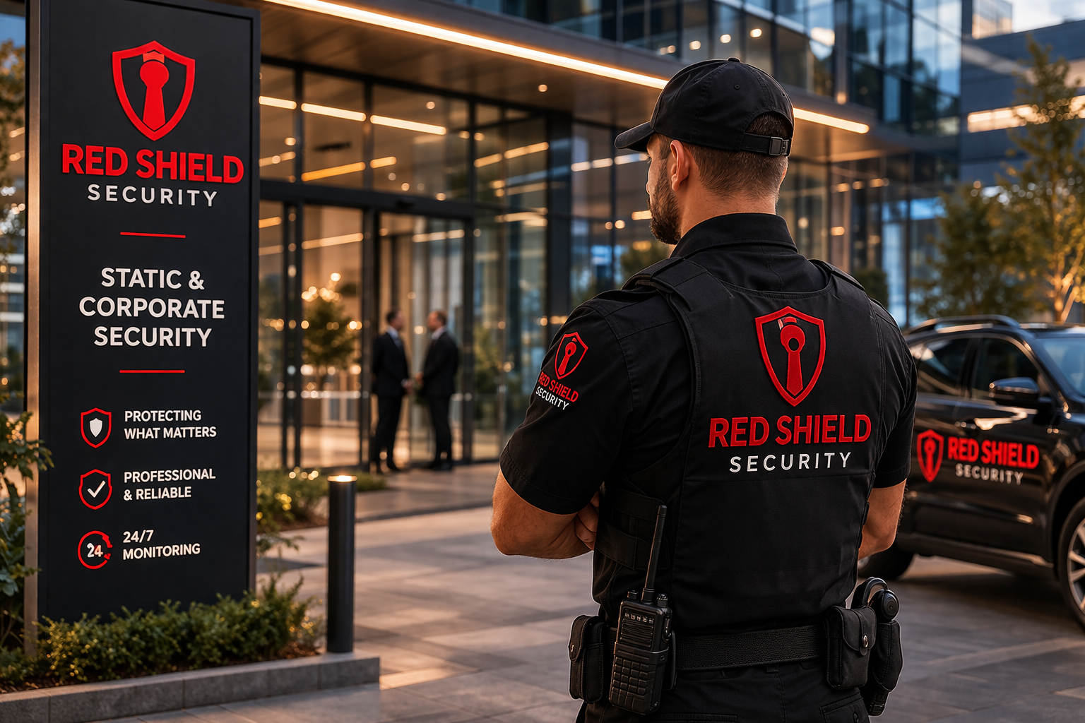 Smartly uniformed corporate security officer at a modern office reception desk greeting a visitor