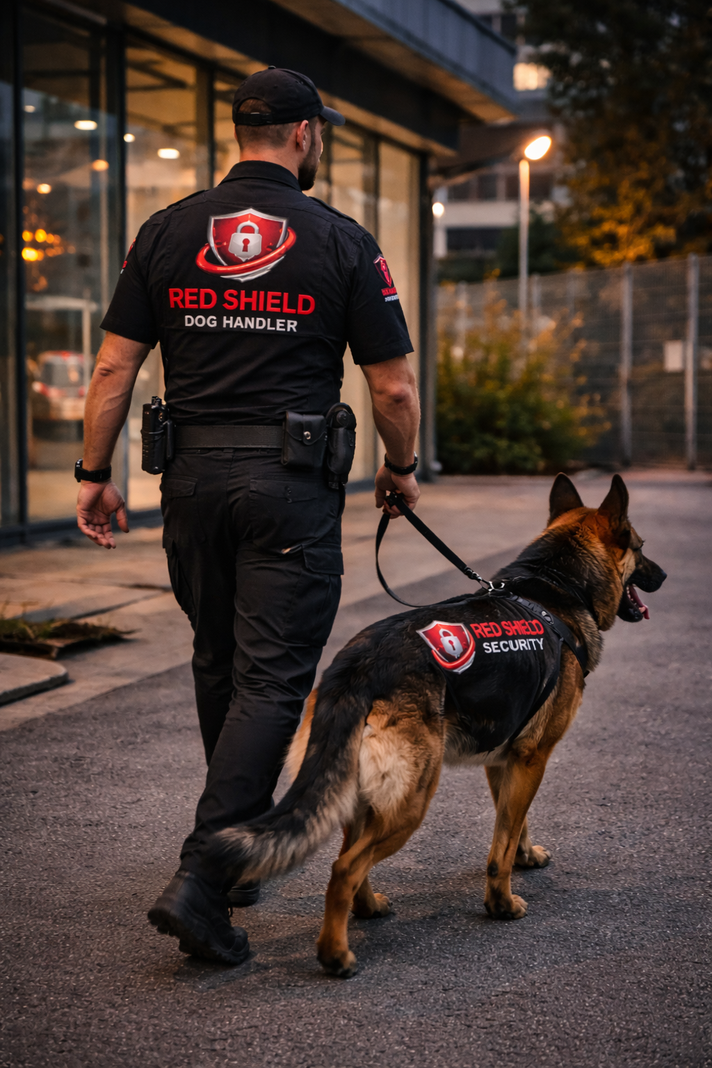 Professional security dog handler with a trained K9 unit patrolling a secure perimeter at dusk