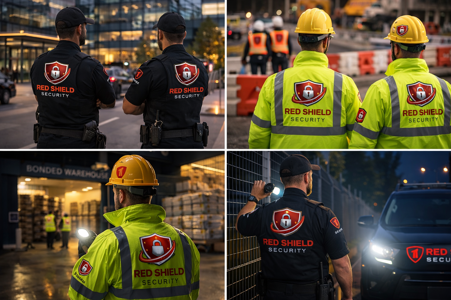 Team of professional event security officers managing crowd access at a large outdoor venue entrance