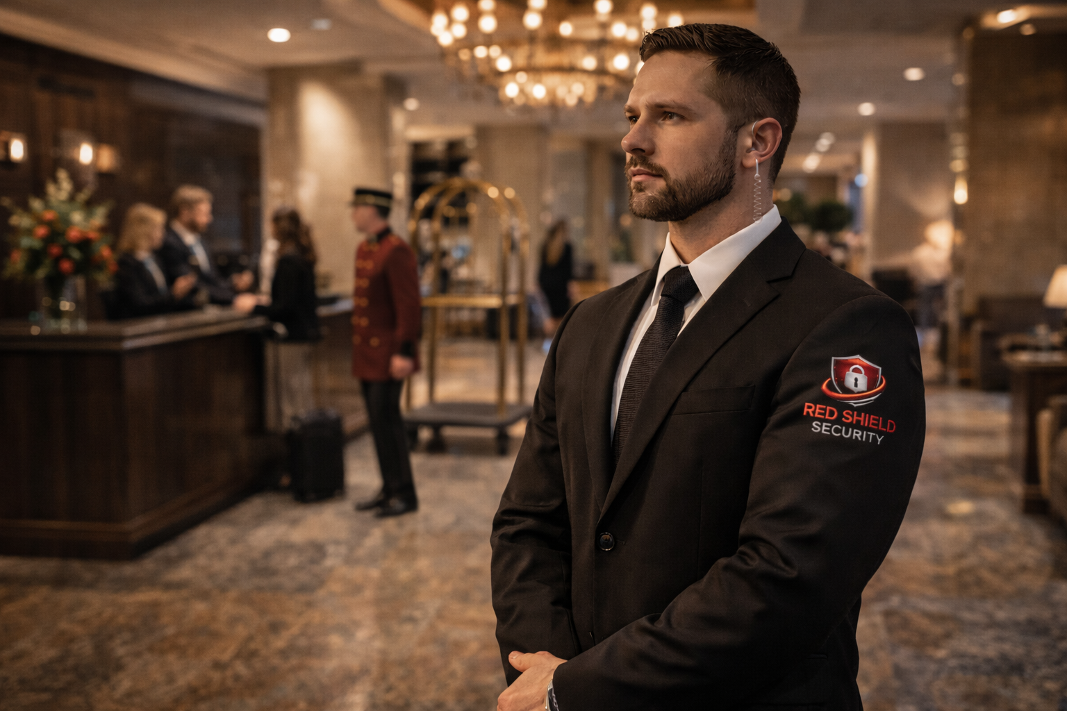 Courteous hotel security officer in a professional uniform standing discreetly in an elegant hotel lobby