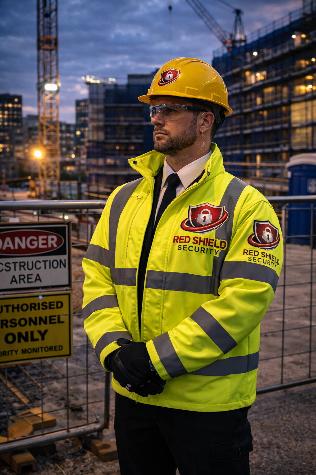 Security officer standing guard at a construction site entrance, wearing high-visibility uniform and hard hat