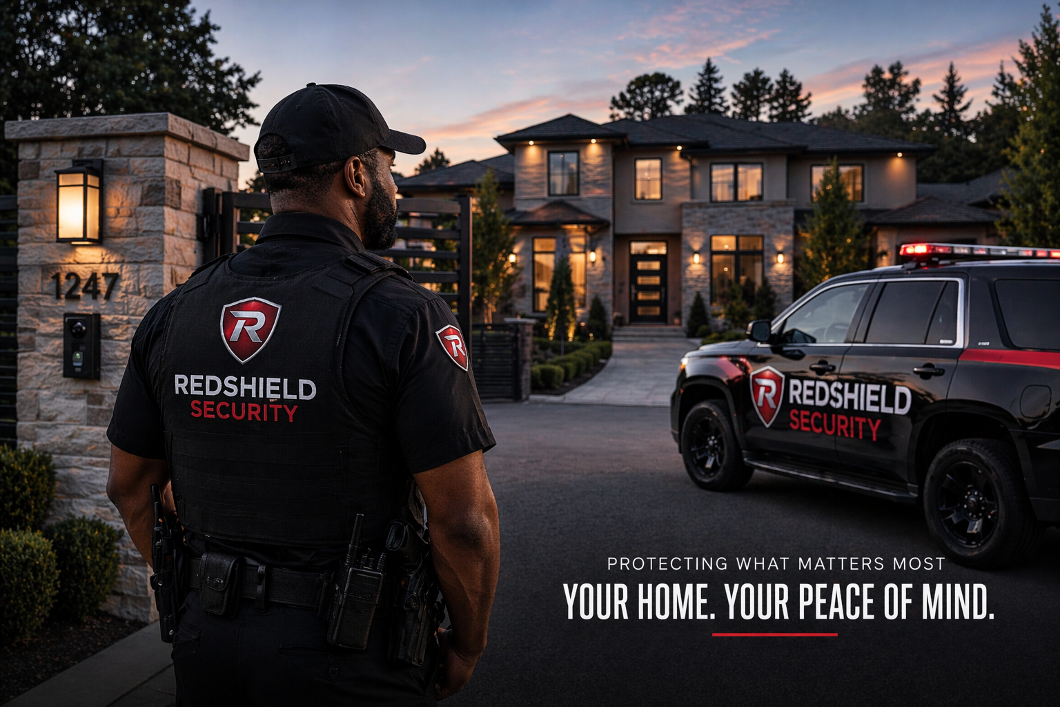 Uniformed security officer on a friendly patrol through a well-maintained residential neighbourhood