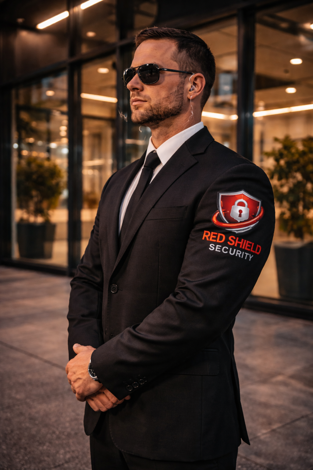 Uniformed static security officer standing at attention at the entrance to a commercial building