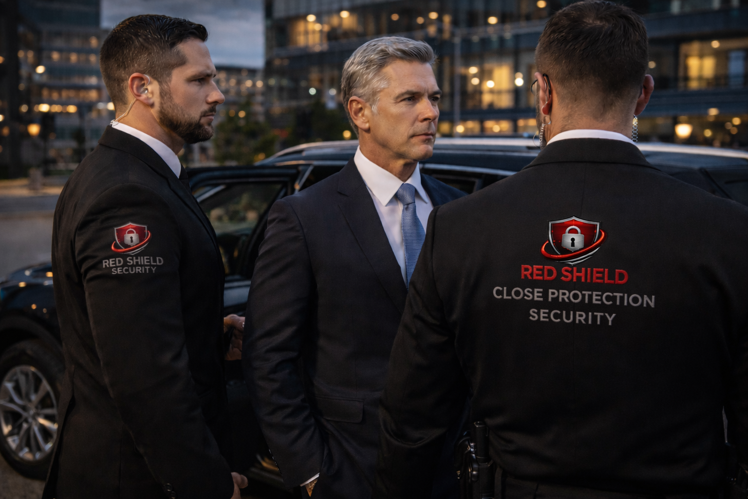 Professional close protection officer in a dark suit escorting a VIP client into a luxury vehicle