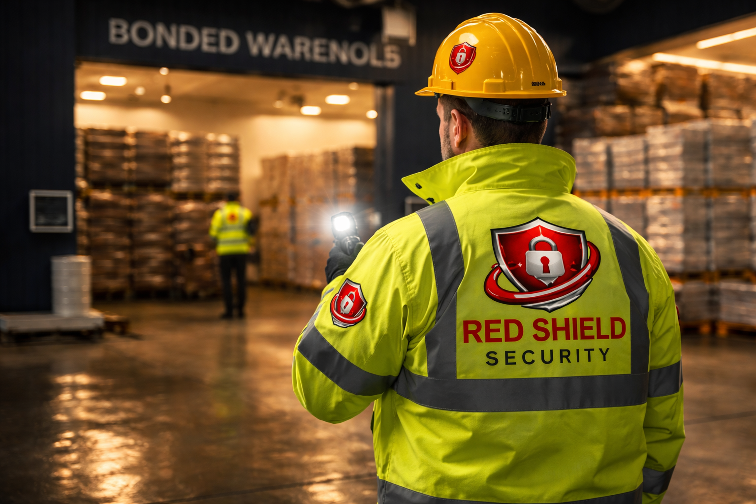 Security officer patrolling a large commercial warehouse at night, monitoring stock and access points